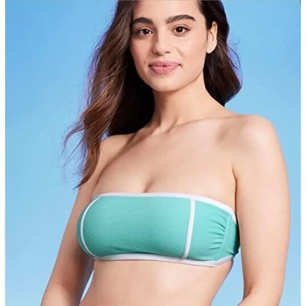 Women's Terry Textured Solid Bandeau with Binding Bikini Top Kona Sol Turquois S - Picture 2 of 4